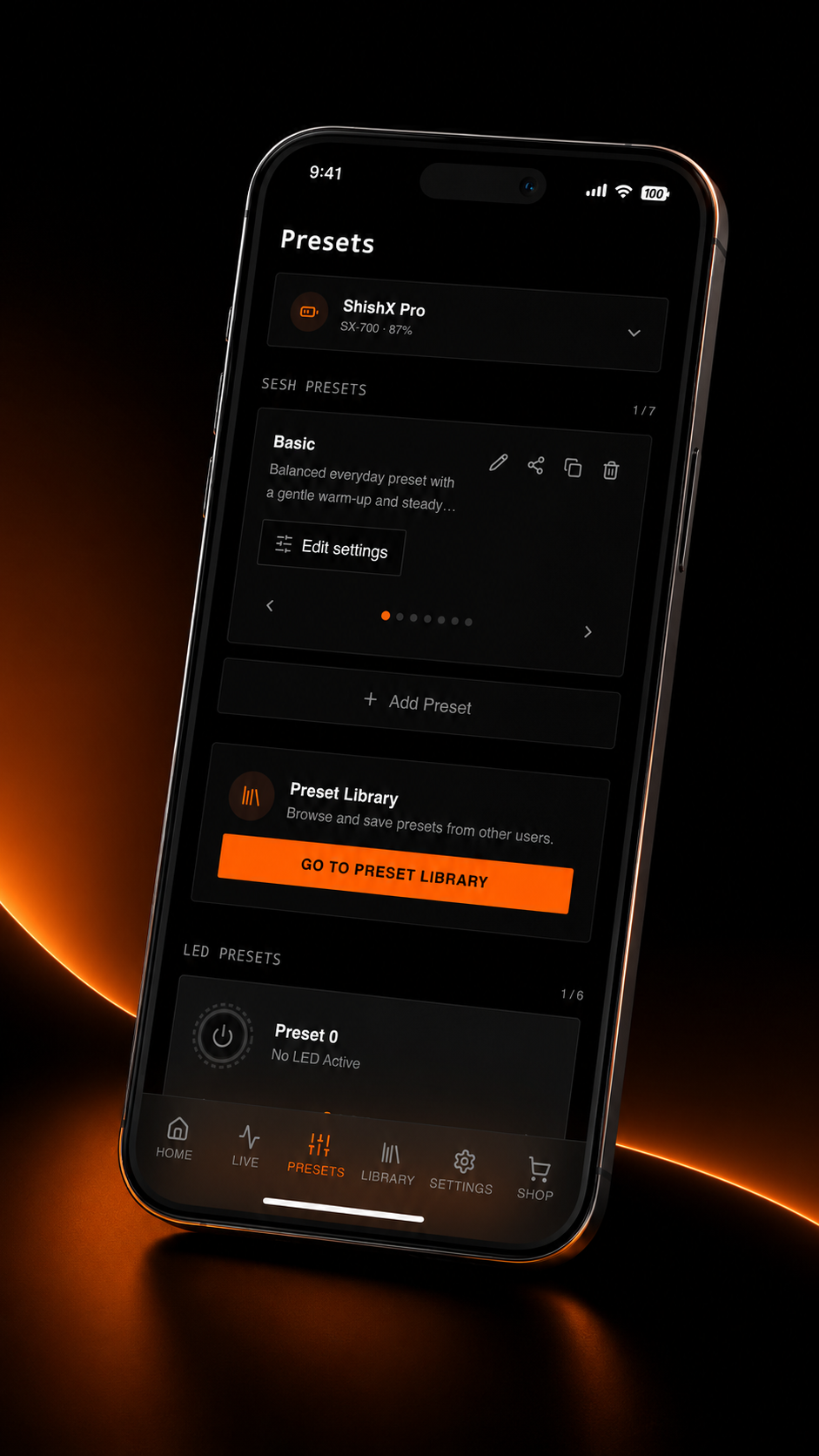 ShishaX app presets screen shown on an iPhone